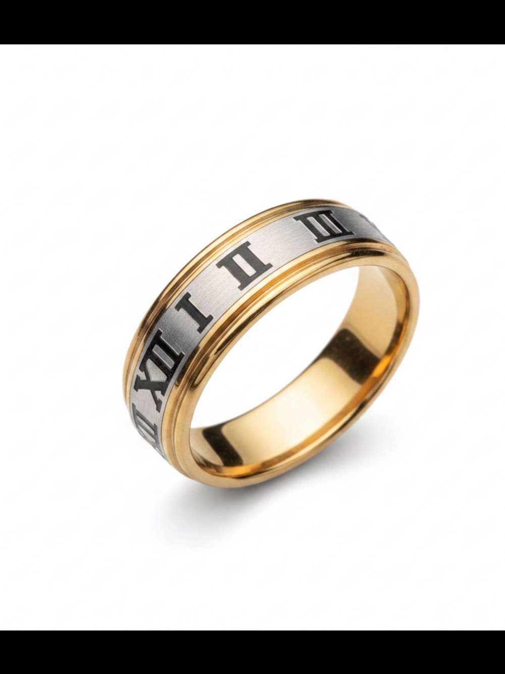 Two-Tone Roman Numeral Stainless Steel Spinner Band Ring 10